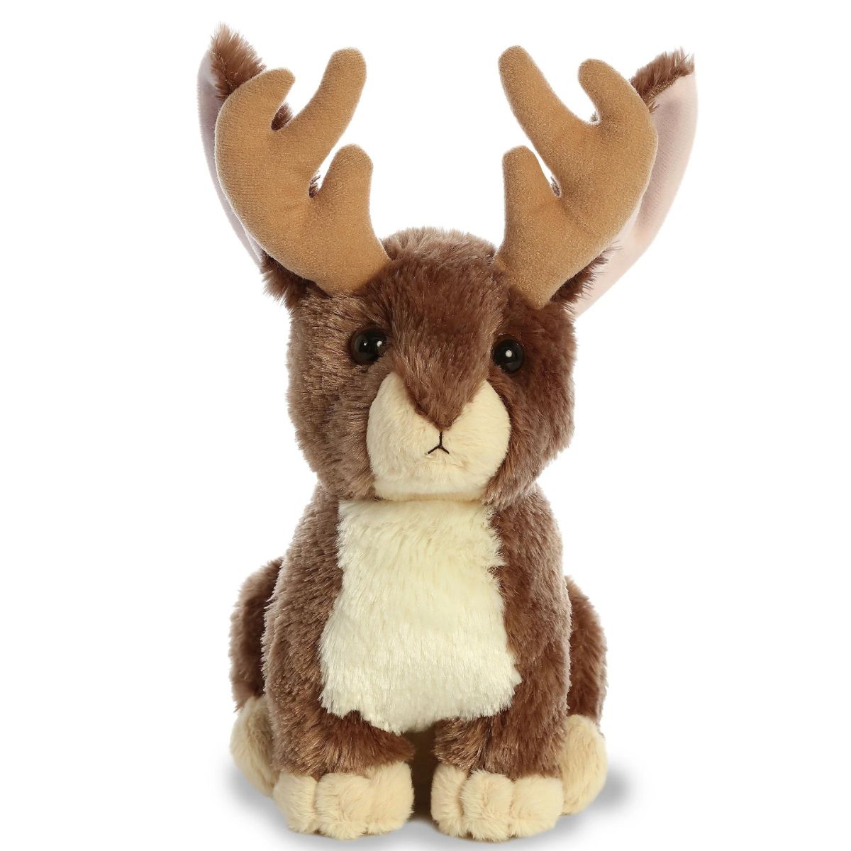 Straight-on front view of the soft Jackalope plush showing its sweet bunny face, tall ears, and antlers.
