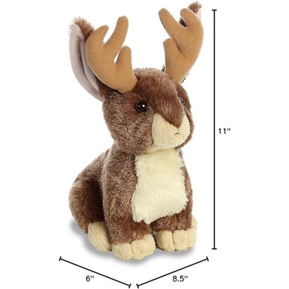 Angled front view of the Jack-A-Lope plush sitting upright with measurement graphics indicating it is 11 inches tall, 6 inches wide, and 8.5 inches deep.