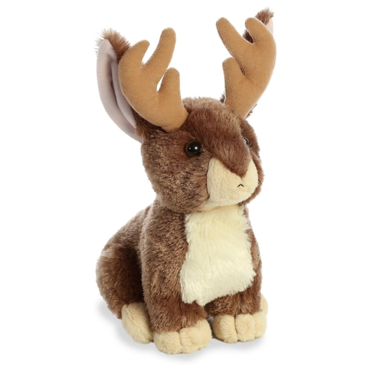 Angled front view of the 11-inch Aurora Flopsie Jack-A-Lope Rabbit stuffed animal sitting upright, showing its brown fur, white chest, and tan antlers.