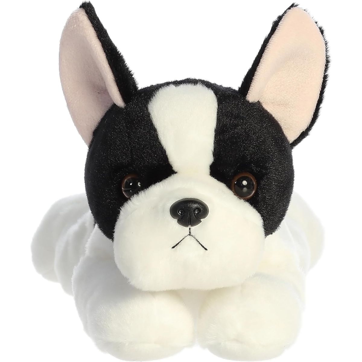 Straight front view of the French Bulldog stuffed animal highlighting its sweet face, upright bat ears, and black eye markings.