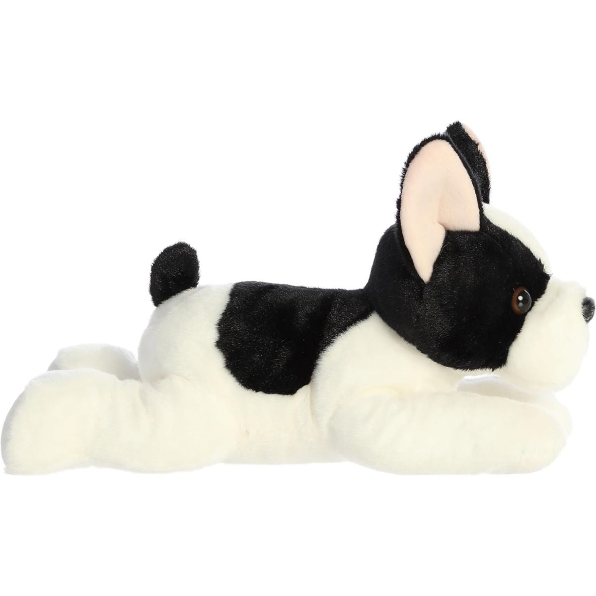 Side profile view of the Frenchie dog plush showing its lounging posture and black saddle marking.