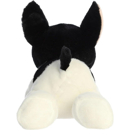 Rear view of the French Bulldog plush showing its black back, small tail, and large white back paws.