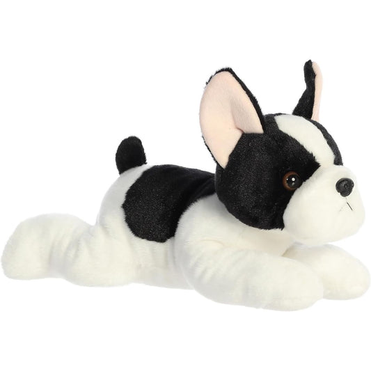 Angled front view of the Aurora Flopsie French Bulldog Pup 12-inch plush resting on its belly, featuring black and white fur and upright ears.