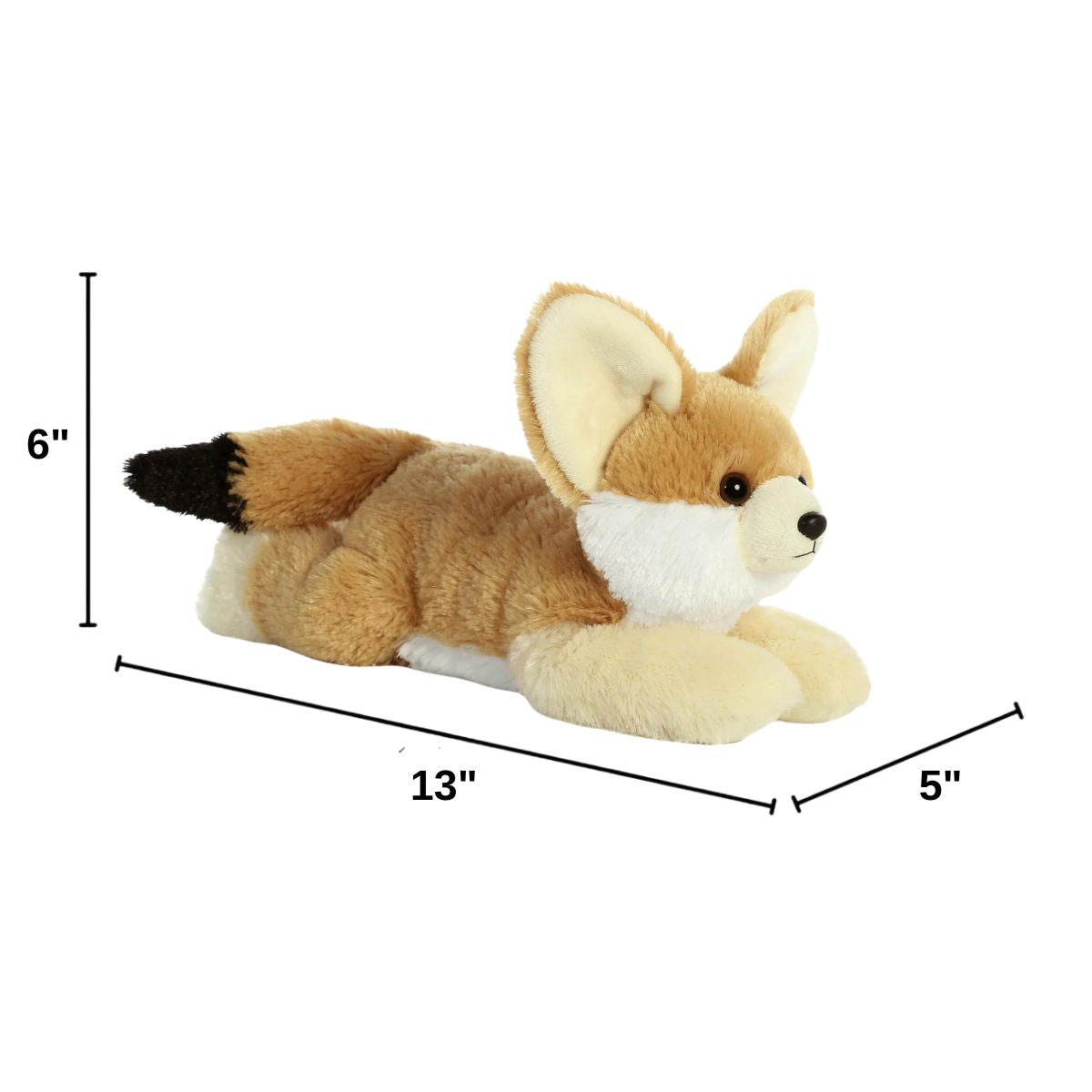 Angled side profile of the Aurora Flopsie fennec fox plush with dimension lines indicating its 12-inch length.