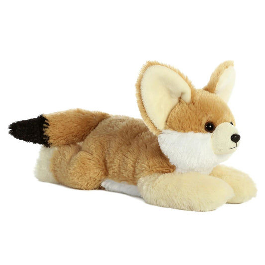Angled front view of the Aurora Flopsie Fennec Fox 12-inch plush resting on its belly, featuring sandy-tan fur and signature large ears.