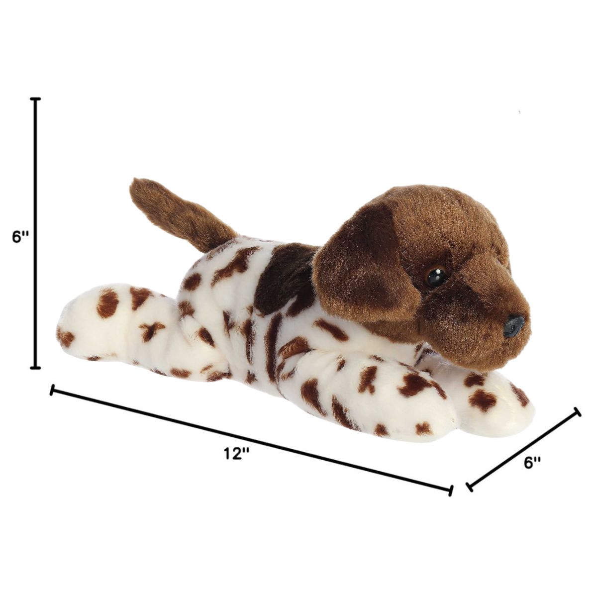 Angled side profile of the Gio German Shorthair plush resting on his tummy with measurement graphics indicating he is 12 inches long.
