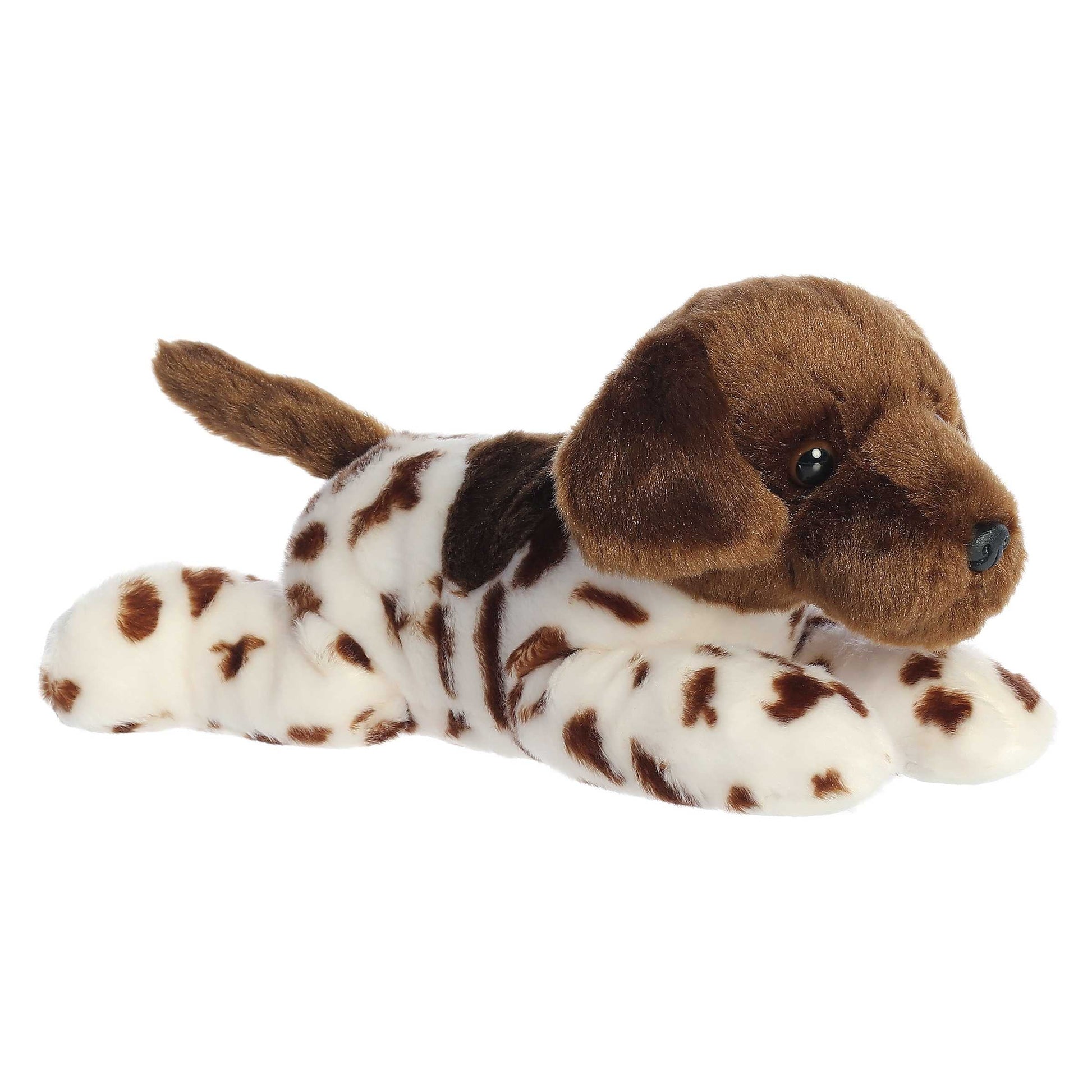 Angled front view of the 12-inch Aurora Flopsie Gio German Shorthair stuffed animal lying down, showing his brown head and spotted body.