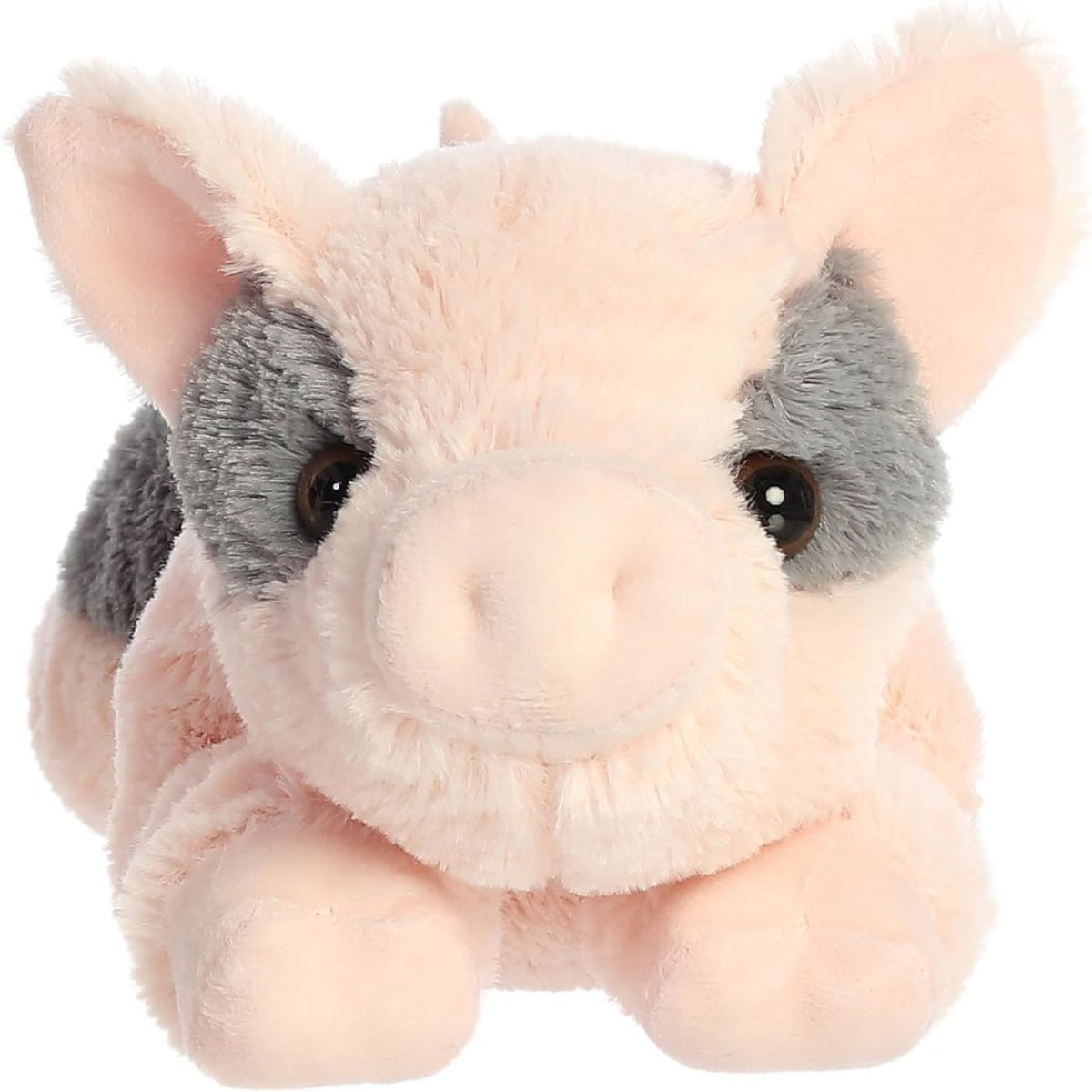 Straight front view of the spotted pig stuffed animal highlighting its sweet face, plush snout, and dark grey patch over one eye.