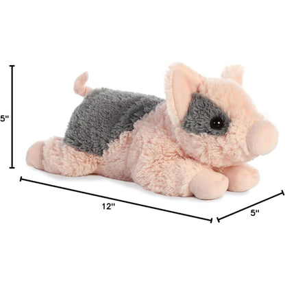 Angled side profile of the Aurora Flopsie spotted pig plush with dimension lines indicating its 12-inch length.