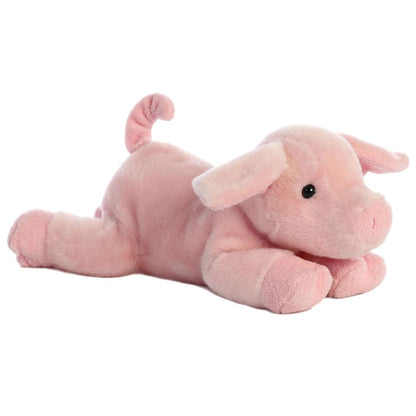 Angled front view of the pink piglet stuffed animal highlighting its sweet face, plush snout, and lounging posture.