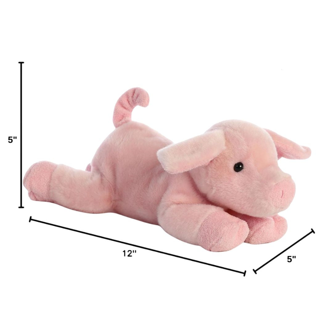 Angled side profile of the Aurora Flopsie piglet plush with dimension lines indicating its 12-inch length.