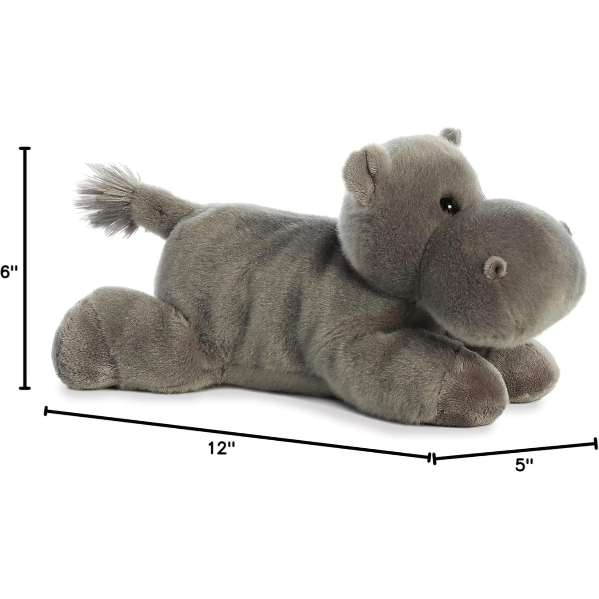 Side profile of the Aurora Flopsie hippo plush with dimension lines indicating its 12-inch length.