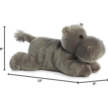 Side profile of the Aurora Flopsie hippo plush with dimension lines indicating its 12-inch length.