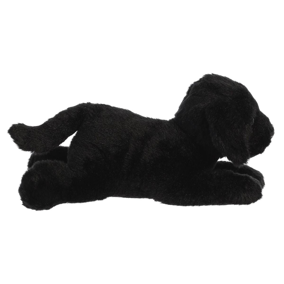 Side profile view of the cuddly Blackie dog stuffed animal resting comfortably on his tummy.