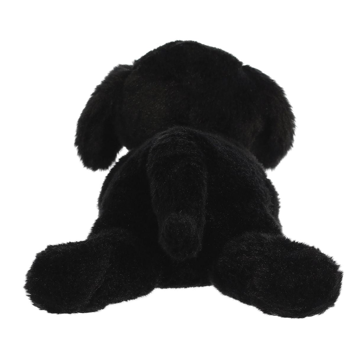 Direct back view of the dog plush highlighting his black tail and the bottoms of his hind paws.