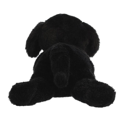 Direct back view of the dog plush highlighting his black tail and the bottoms of his hind paws.