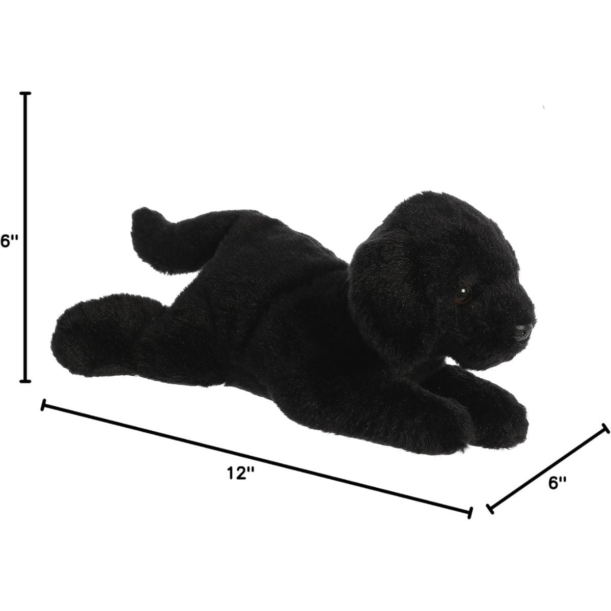 Angled side profile of the Black Labrador plush resting on his tummy with measurement graphics indicating he is 12 inches long.