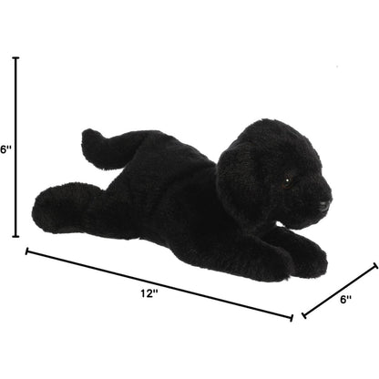 Angled side profile of the Black Labrador plush resting on his tummy with measurement graphics indicating he is 12 inches long.