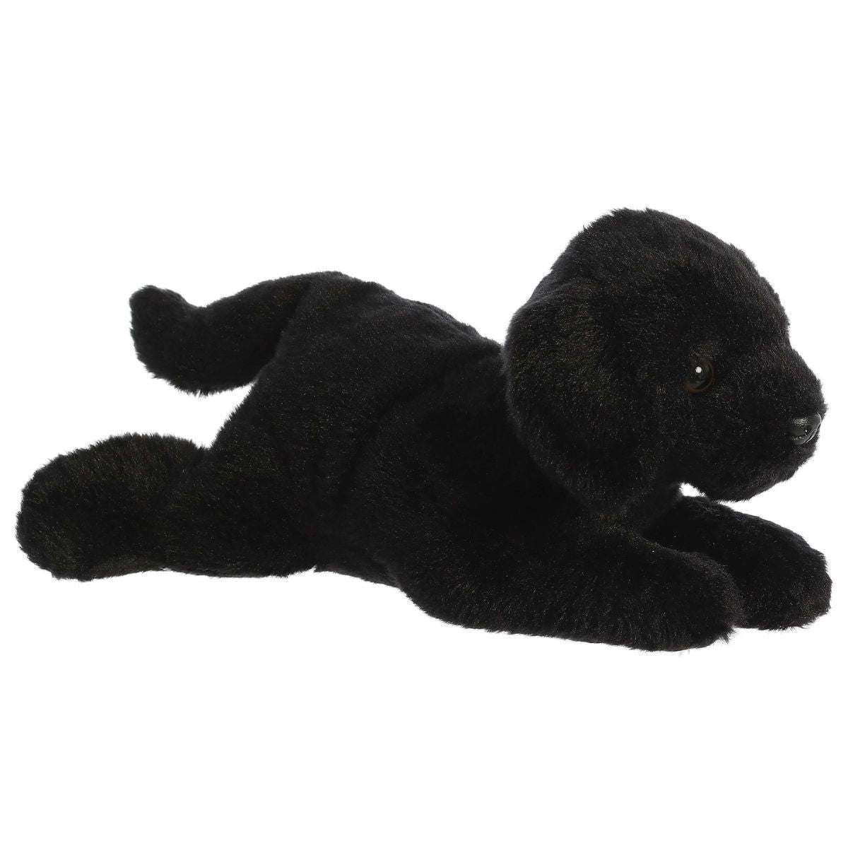 Angled front view of the 12-inch Aurora Flopsie Blackie Black Labrador stuffed animal lying down, showing his sleek black fur.