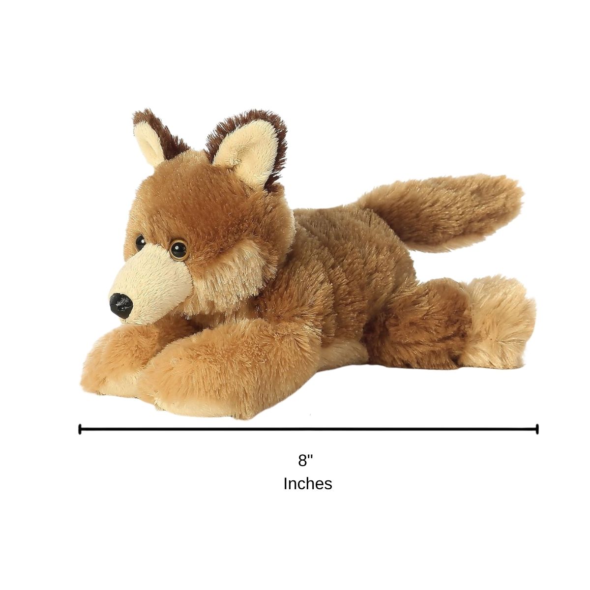 Full side profile of the Clever Coyote plush with a dimension line indicating its 8-inch length.