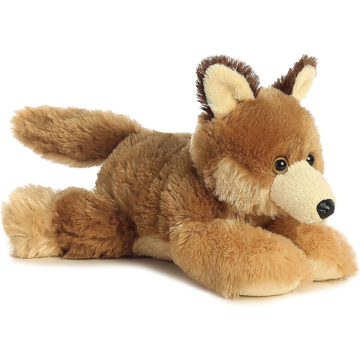 Angled front view of the Aurora Mini Flopsie Clever Coyote 8-inch plush resting on its belly, featuring tawny-brown and cream fur.