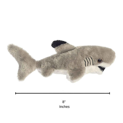 Side profile view of the Black-Tipped Shark plush resting on its tummy with a measurement graphic indicating it is 8 inches long.