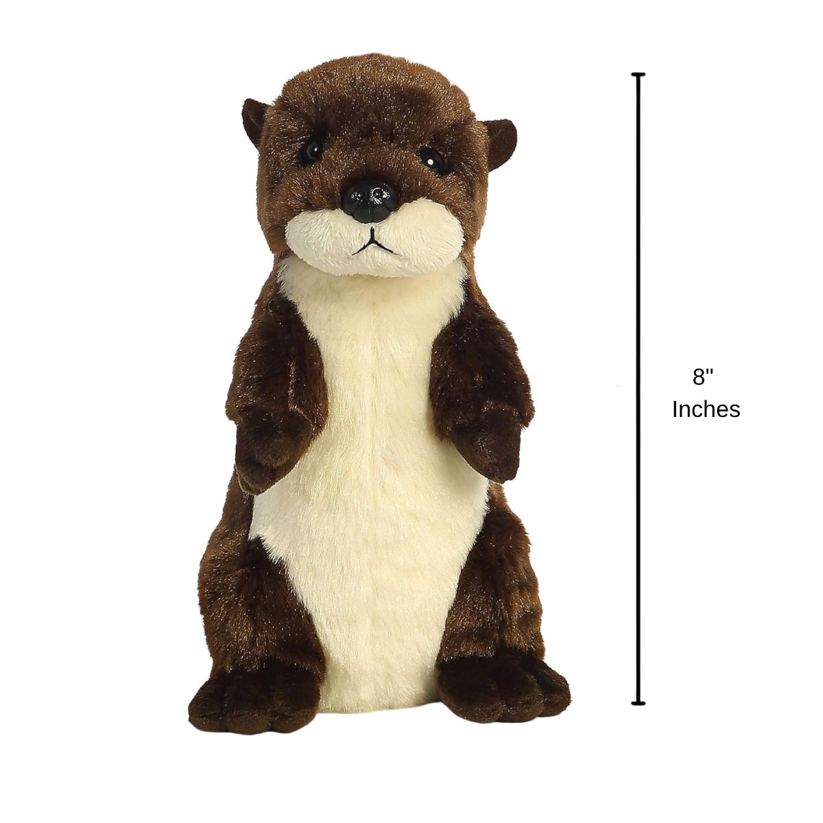 Front view and sizing graphic for the Aurora Mini Flopsie Standing River Otter plush indicating a total height of 8 inches.