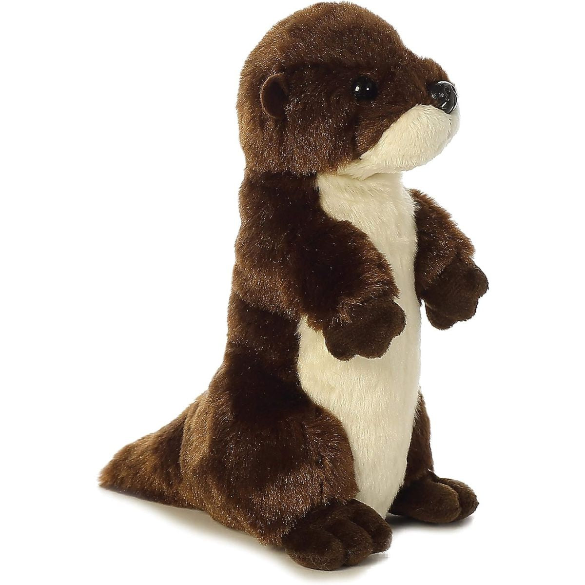 Angled view of the Aurora Mini Flopsie 8-inch River Otter plush standing upright, showing its dark brown fur and light tan belly.