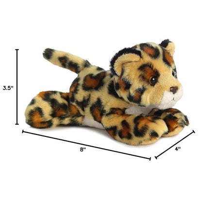Angled side profile of the Amazon Jaguar plush lying down with measurement graphics indicating it is 8 inches long, 3.5 inches tall, and 4 inches wide.