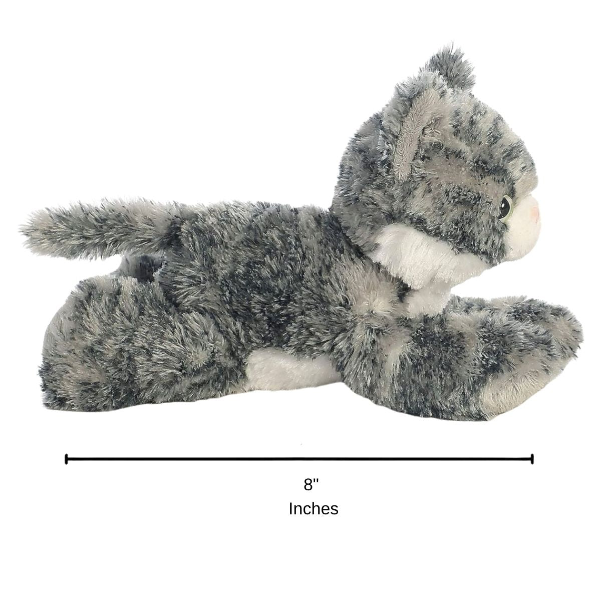 Full side profile of the grey and white kitten plush with a dimension line indicating its 8-inch length.