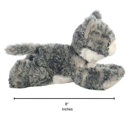 Full side profile of the grey and white kitten plush with a dimension line indicating its 8-inch length.