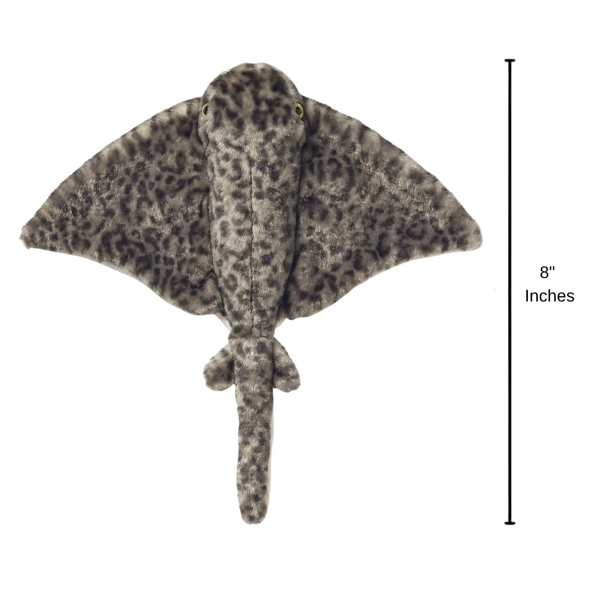 Top-down overhead view of the mottled grey Stingray plush with a dimension line indicating its 8-inch length from nose to tail.