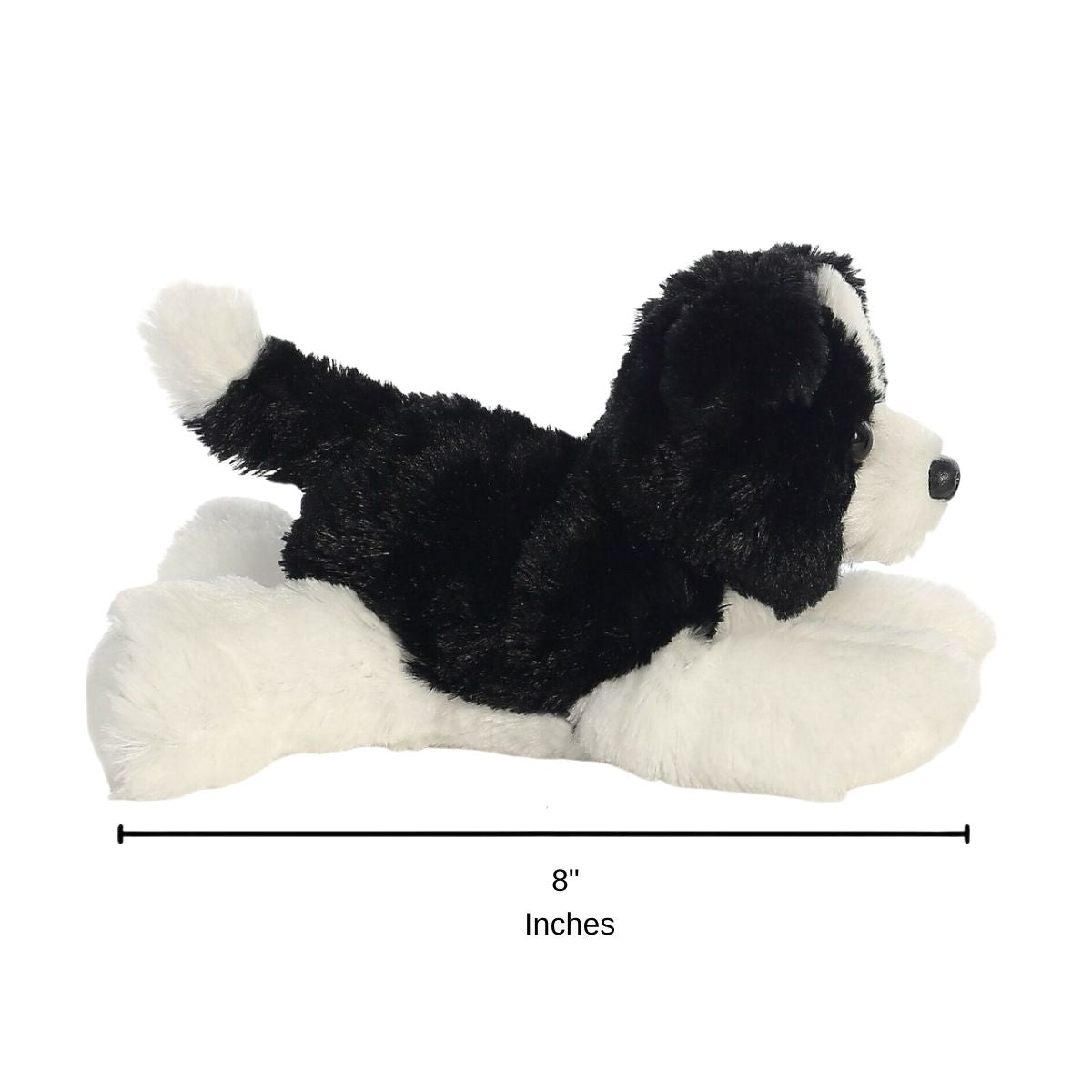 Full side profile of the black and white sheepdog plush with a dimension line indicating its 8-inch length.