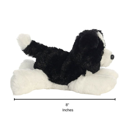 Full side profile of the black and white sheepdog plush with a dimension line indicating its 8-inch length.