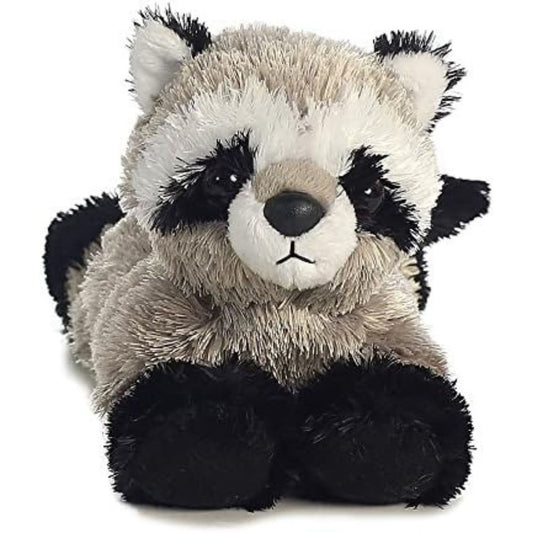 Straight-on front view of the raccoon stuffed animal highlighting its sweet masked face, white muzzle, and black paws.