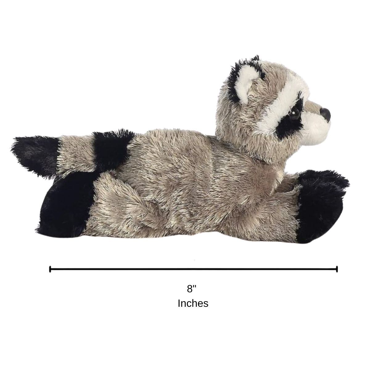 Full side profile of the Rascal Raccoon plush with a dimension line indicating its 8-inch length.