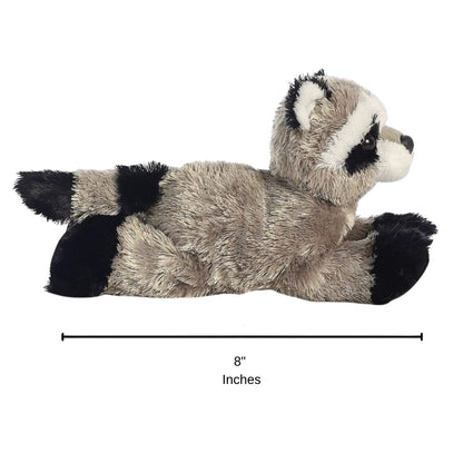 Full side profile of the Rascal Raccoon plush with a dimension line indicating its 8-inch length.