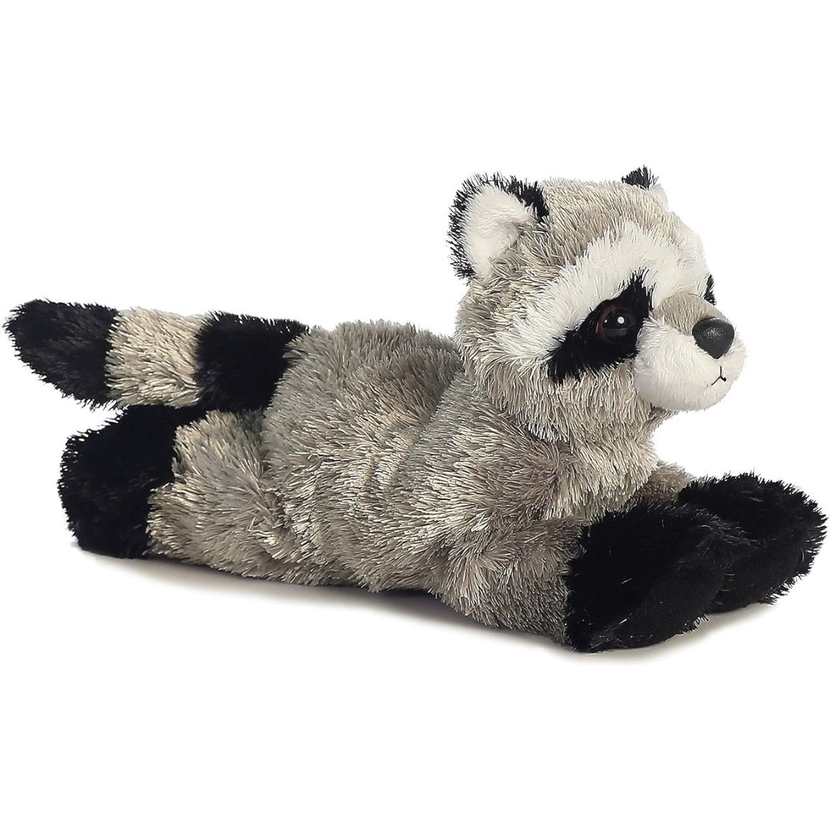 Angled side view of the Aurora Mini Flopsie Rascal the Raccoon 8-inch plush resting on its belly, featuring a ringed tail and black eye mask.