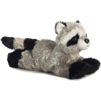 Angled side view of the Aurora Mini Flopsie Rascal the Raccoon 8-inch plush resting on its belly, featuring a ringed tail and black eye mask.
