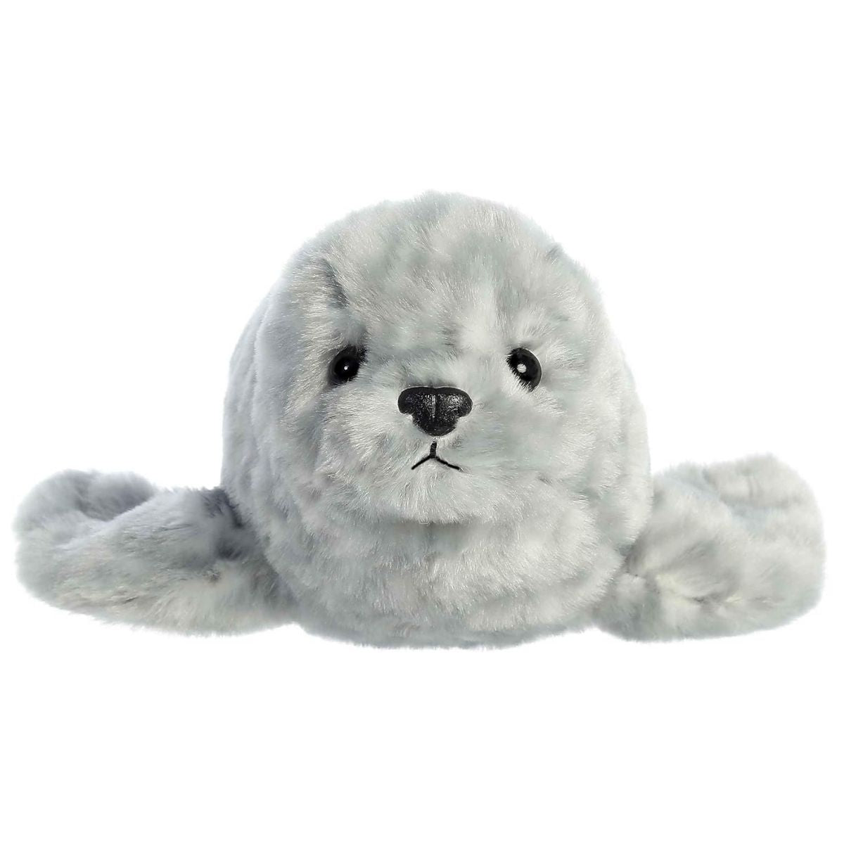 Straight-on front view of the soft Harbor Seal plush showing its sweet face, dark eyes, and small black nose.
