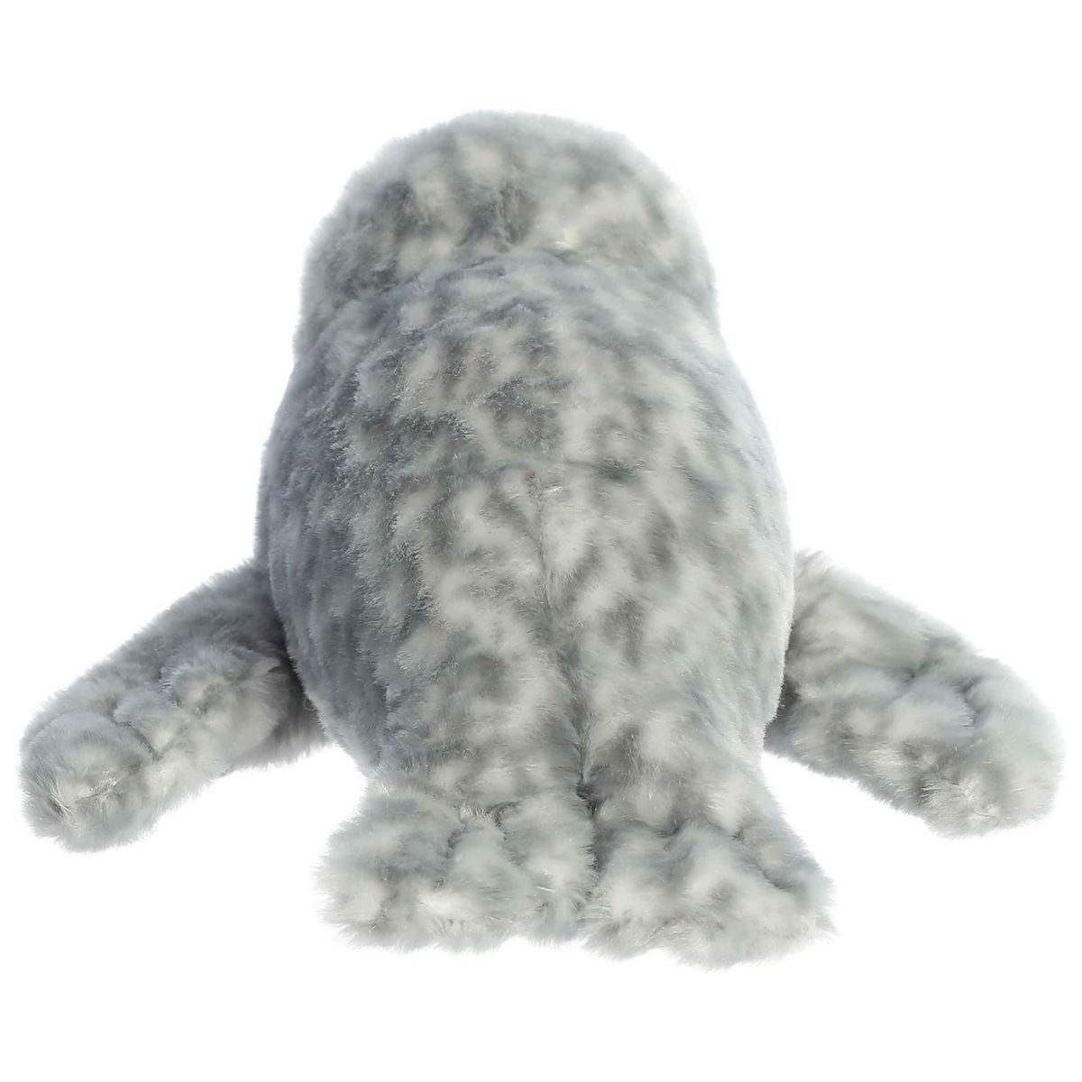 Top-down back view of the cuddly seal stuffed animal highlighting its spotted grey back and tail flippers.