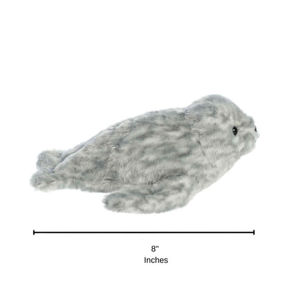 Side profile view of the Harbor Seal plush resting on its tummy with a measurement graphic indicating it is 8 inches long.