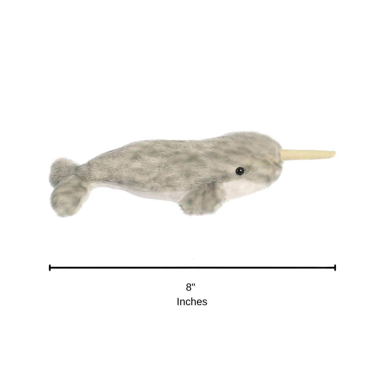 Side profile of the Aurora Mini Flopsie narwhal plush with a dimension line indicating its 8-inch length.