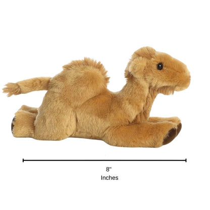 Full side profile of the sandy-gold camel plush with a dimension line indicating its 8-inch length.