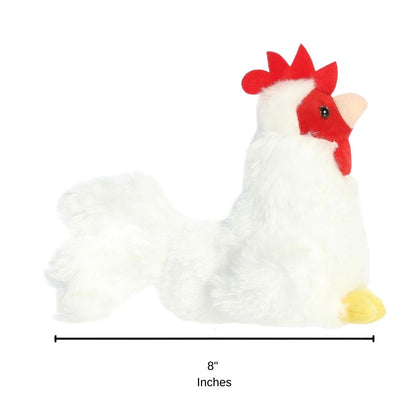 Side profile view of the white chicken plush sitting upright with a measurement graphic indicating it is 8 inches long.