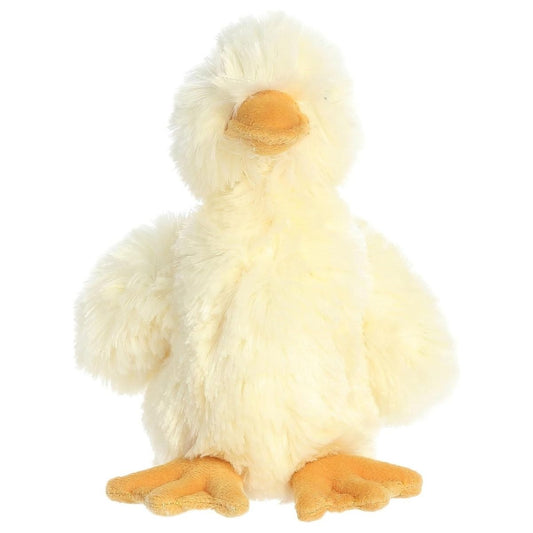Front face view of the adorable Aurora Duckling stuffed animal, featuring sweet dark eyes, a bright orange beak, and plush wings.