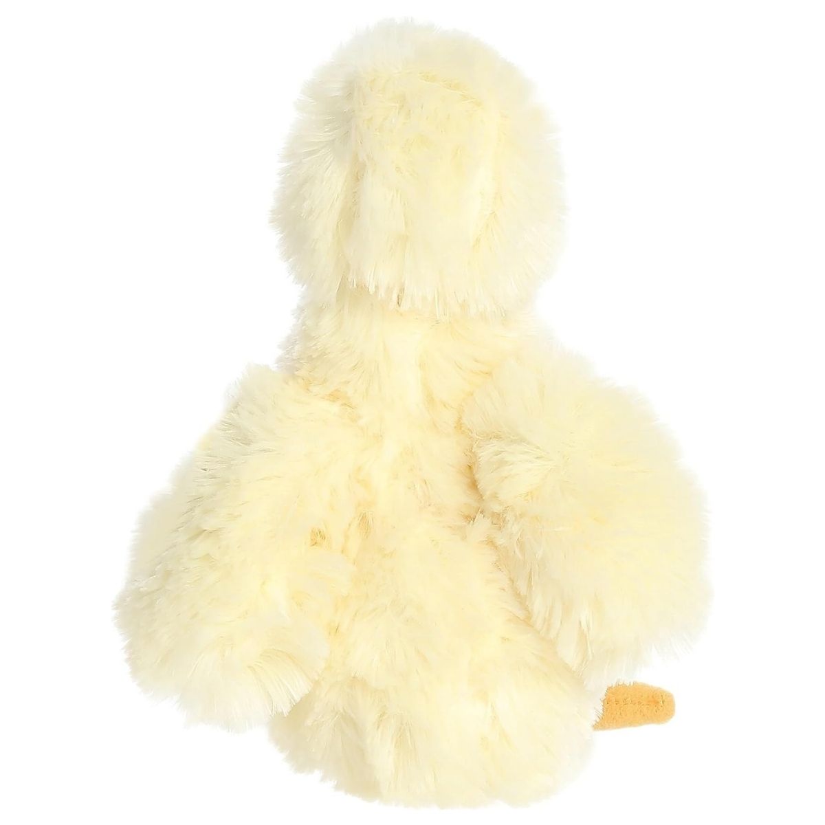 Back view of the Aurora Flopsie duckling plush toy showing its solid fluffy yellow back, folded plush wings, and little tail.