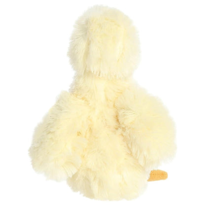 Back view of the Aurora Flopsie duckling plush toy showing its solid fluffy yellow back, folded plush wings, and little tail.