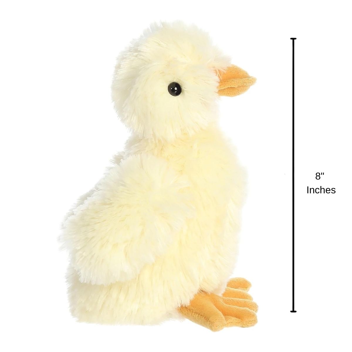Sizing graphic for the Aurora Flopsie Duckling plush showing its side profile, indicating a total height of 8 inches.