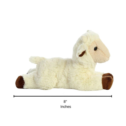 Full side profile of the creamy-white goat plush with a dimension line indicating its 8-inch length.
